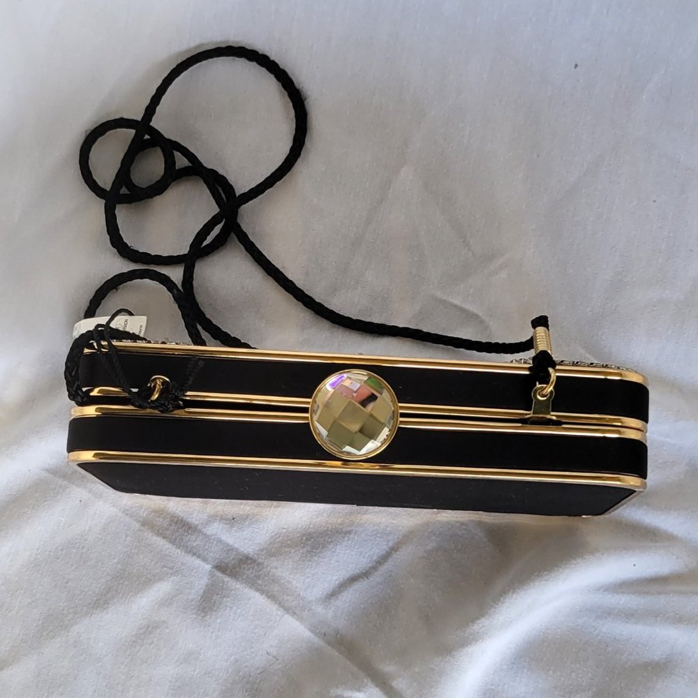 NWT KATE LANDRY Black Satin Rhinestone Clutch Evening Shoulder Bag - Picture 4 of 8